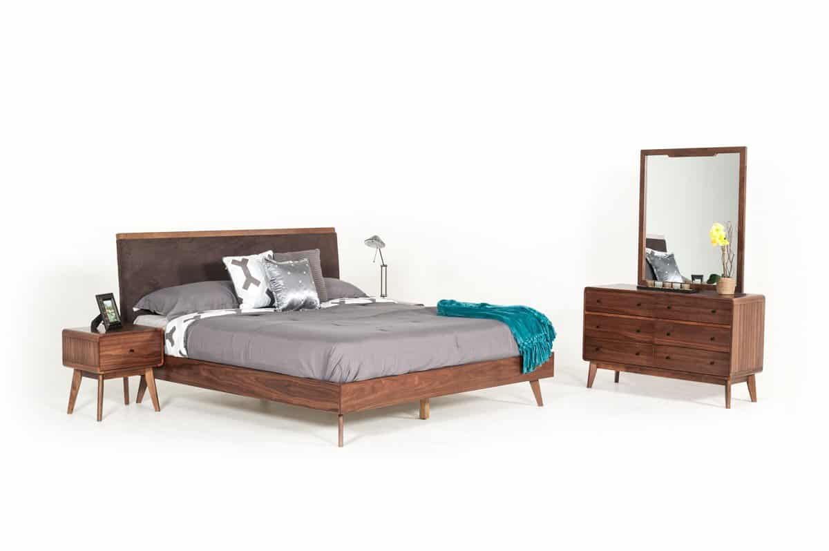 odrest Marshall Mid-Century Modern Brown Fabric & Walnut Bed