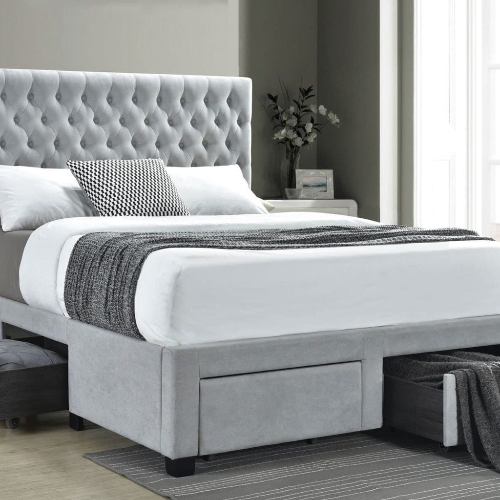 grey upholstered bed