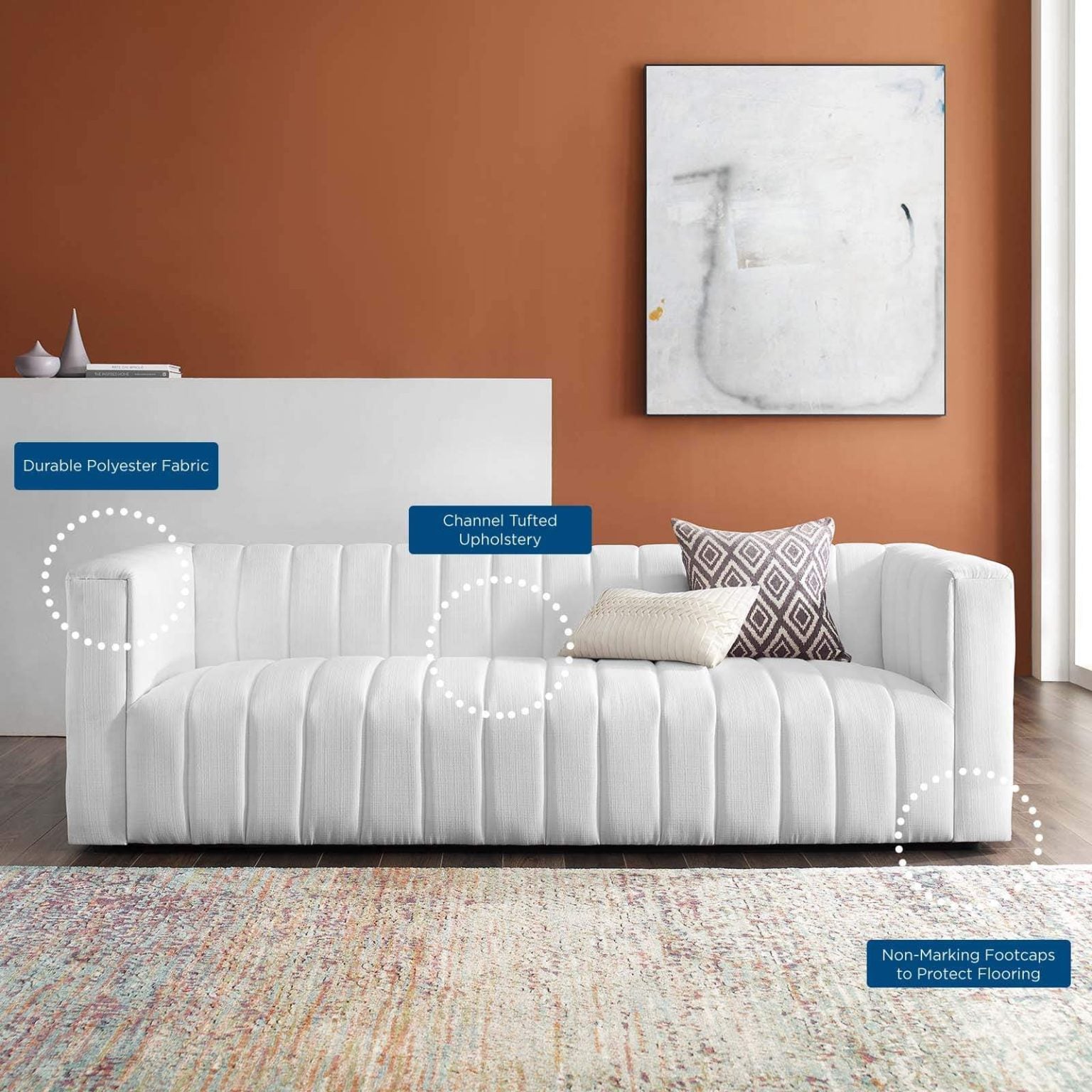 Reflection Channel Tufted Upholstered Fabric Sofa in white