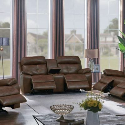 Damiano Reclining Brown Leather Sofa Set