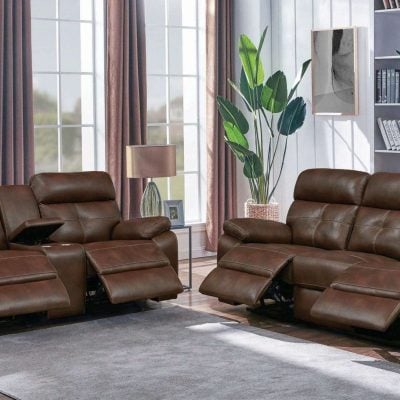 Damiano Reclining Brown Leather Sofa Set