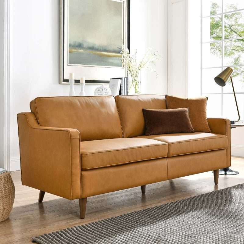 Genuine Cognac Brown Leather Sofa