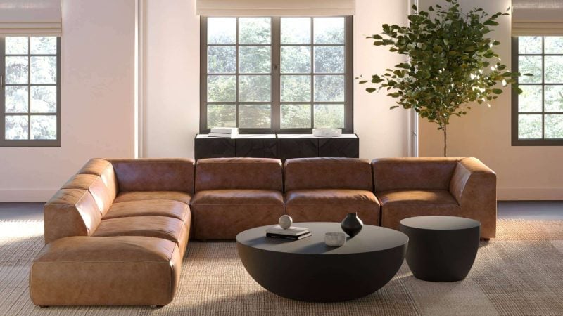 Luxe round Modular Brown Leather Sofa