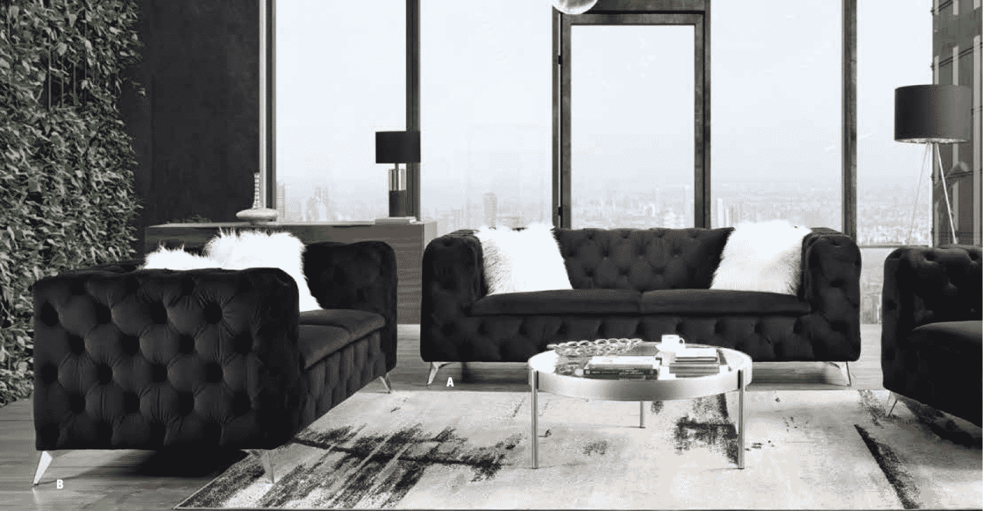 Phifina Black Velvet Sofa Set