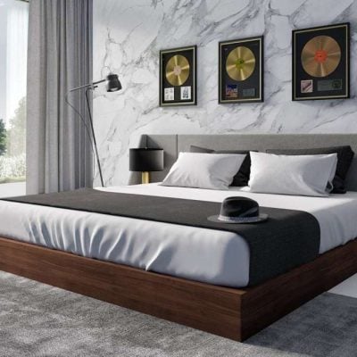 Nova Domus Janice - Modern Grey Fabric and Walnut Bed and Nightstands