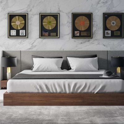 Nova Domus Janice - Modern Grey Fabric and Walnut Bed and Nightstands