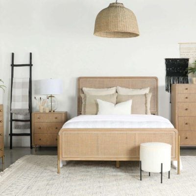 Arini Upholstered Queen Panel Bed Sand Wash And Natural Cane