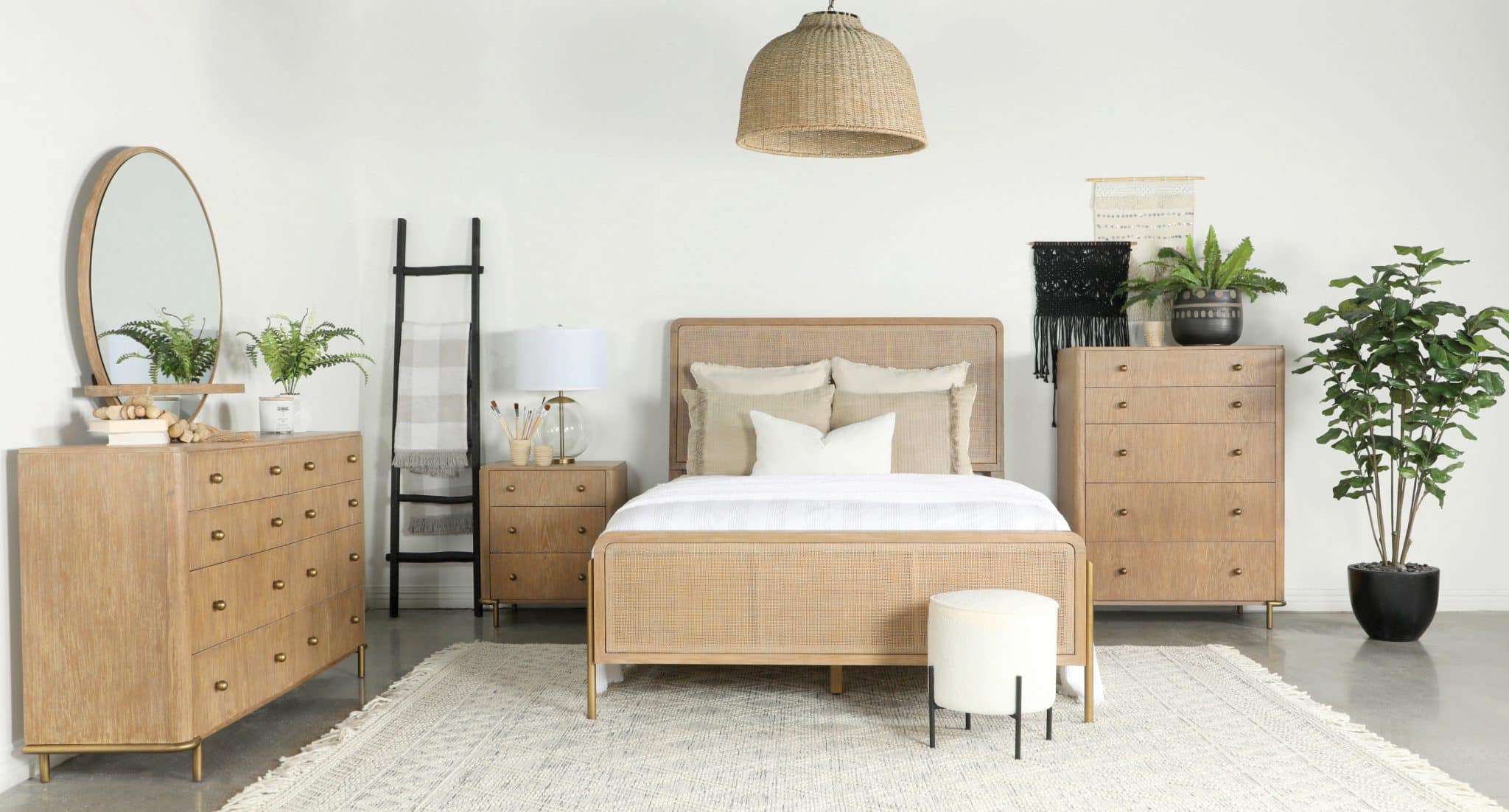 Arini Upholstered Queen Panel Bed Sand Wash And Natural Cane