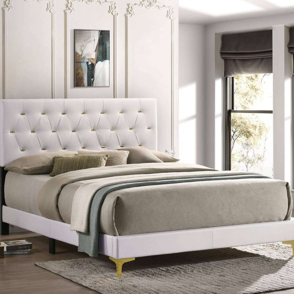 Kendall Tufted White & Gold Queen Bed