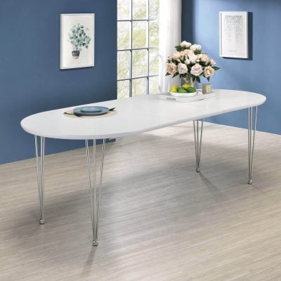 Heather Oval Dining Table With Hairpin Legs Matte White And Chrome