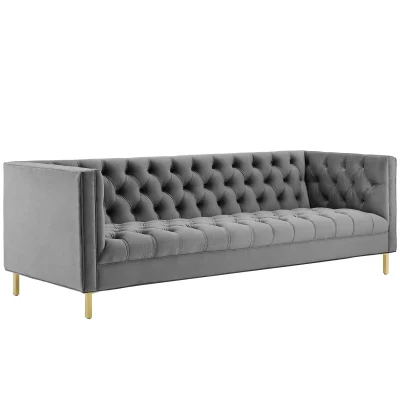 Delight Tufted Button Gray Performance Velvet Sofa
