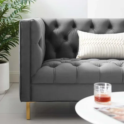 Delight Tufted Button Gray Performance Velvet Sofa