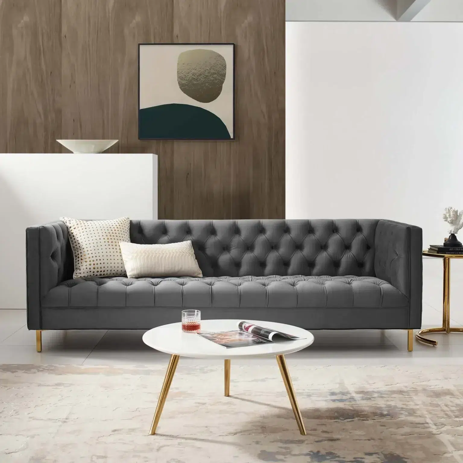 Delight Tufted Button Gray Performance Velvet Sofa