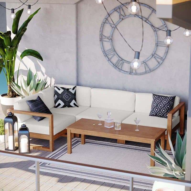 Bayport Outdoor Patio Teak Wood 3-Piece Sectional Sofa Set SKU: EEI-4258-NAT-WHI-SET