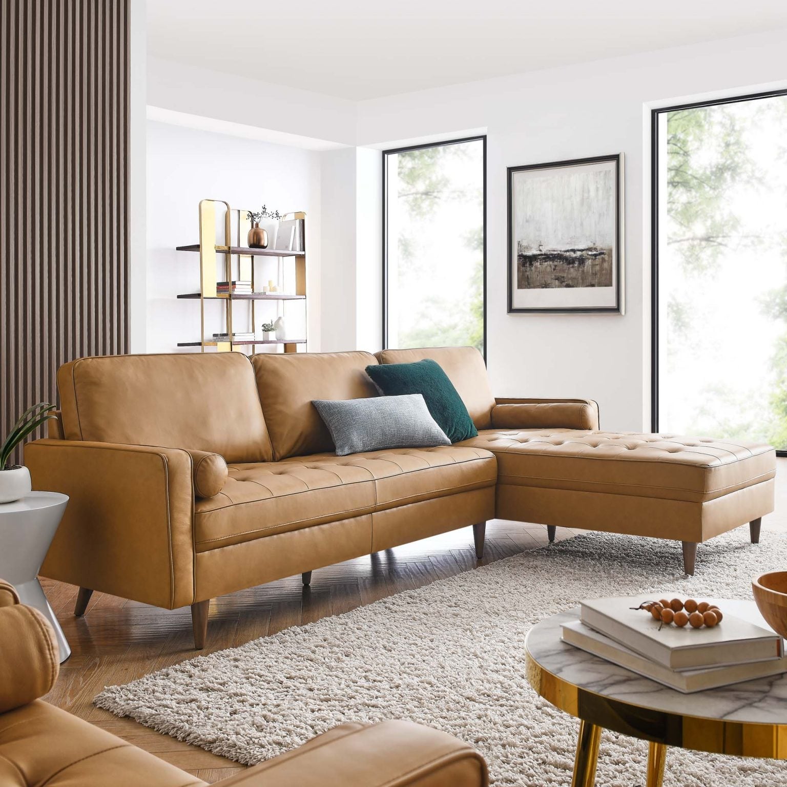 Valour 98" Mid Century Modern Cognac Leather Sectional Sofa
