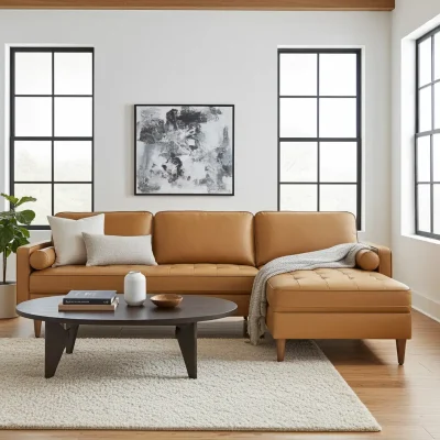 Valour Mid Century Modern Cognac Leather Sectional Sofa