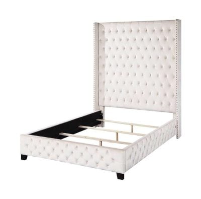 Fabrice Beige Velvet Bed With Tall Tufted Headboard