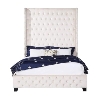 Fabrice Beige Velvet Bed With Tall Tufted Headboard
