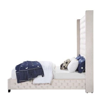 Fabrice Beige Velvet Bed With Tall Tufted Headboard