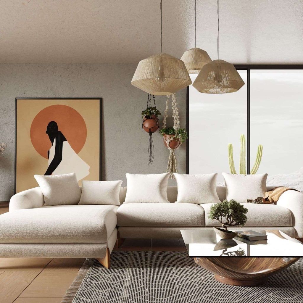 Modrest Fleury - Contemporary Cream Fabric and Walnut Sectional Sofa