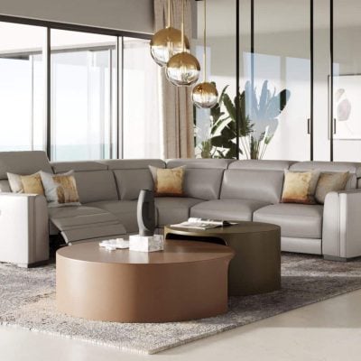 Frazier modern Light Grey Leather Reclining Sectional Sofa
