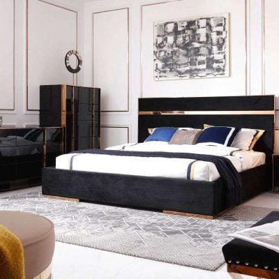 Nova Domus Cartier Modern Black Velvet & Rosegold Bedroom set