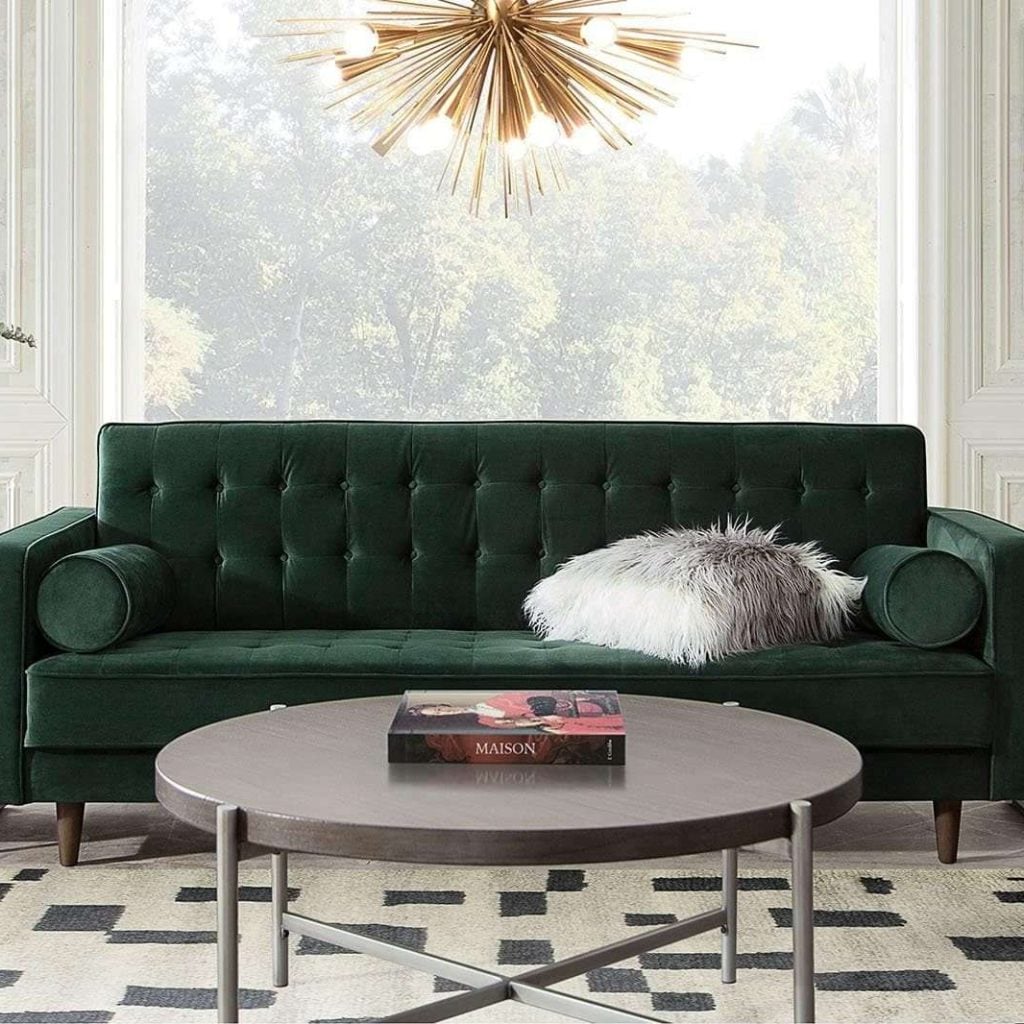 Juniper Green Velvet Sofa With Wood Legs