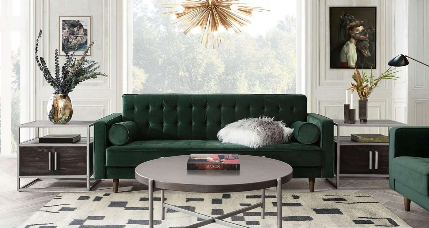 Juniper Green Velvet Sofa With Wood Legs