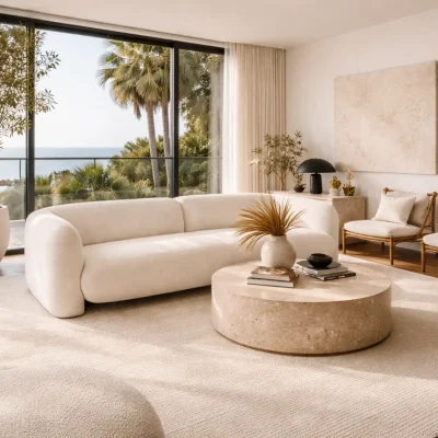 Khan Modern 4 Seater White Boucle Curved Sofa