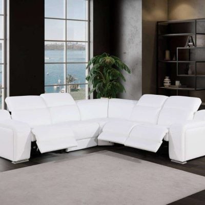 5 Pc Power Reclining White Italian Leather Sectional Sofa