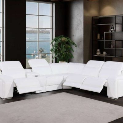 6 Pc Power Reclining White Italian Leather Sectional Sofa