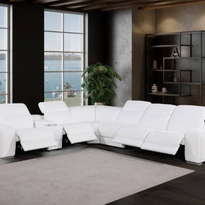 7 Pc Power Reclining White Italian Leather Sectional Sofa