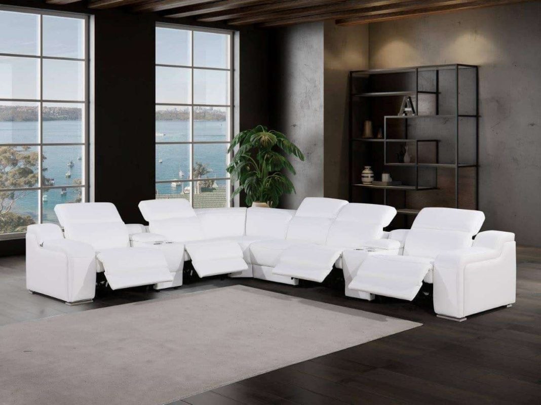 8 Pc Power Reclining Modern White Italian Leather Sectional Sofa