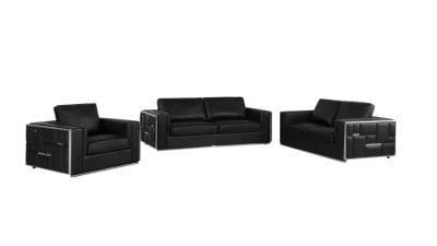 Divanitaly Campania Top Grain Black Leather & Silver Sofa Set