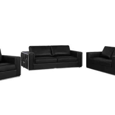 Divanitaly Campania Top Grain Black Leather & Silver Sofa Set