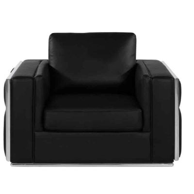 Divanitaly Campania Top Grain Black Leather & Silver Sofa Set