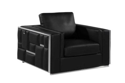 Divanitaly Campania Top Grain Black Leather & Silver Sofa Set