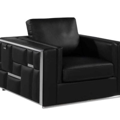 Divanitaly Campania Top Grain Black Leather & Silver Sofa Set