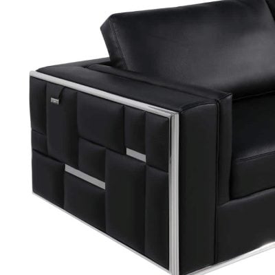 Divanitaly Campania Top Grain Black Leather & Silver Sofa Set