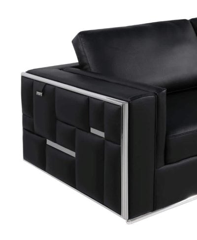 Divanitaly Campania Top Grain Black Leather & Silver Sofa Set