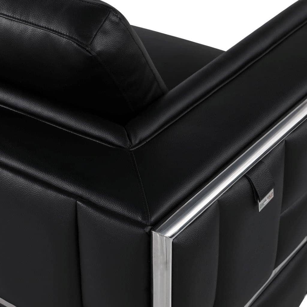 Divanitaly Campania Top Grain Black Leather & Silver Sofa Set