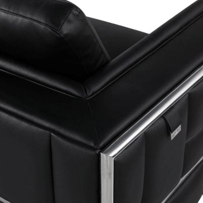 Divanitaly Campania Top Grain Black Leather & Silver Sofa Set