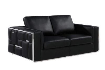 Divanitaly Campania Top Grain Black Leather & Silver Sofa Set
