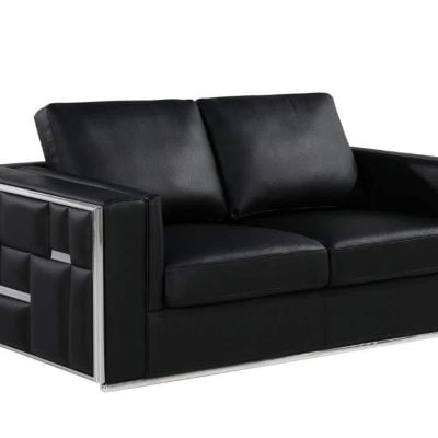 Divanitaly Campania Top Grain Black Leather & Silver Sofa Set