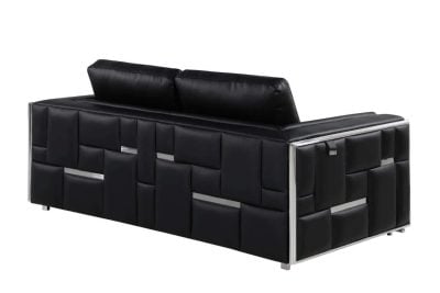 Divanitaly Campania Top Grain Black Leather & Silver Sofa Set