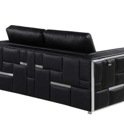 Divanitaly Campania Top Grain Black Leather & Silver Sofa Set