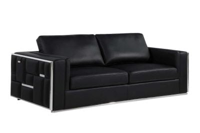 Divanitaly Campania Top Grain Black Leather & Silver Sofa Set