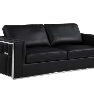 Divanitaly Campania Top Grain Black Leather & Silver Sofa Set
