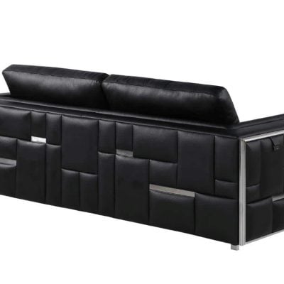 Divanitaly Campania Top Grain Black Leather & Silver Sofa Set