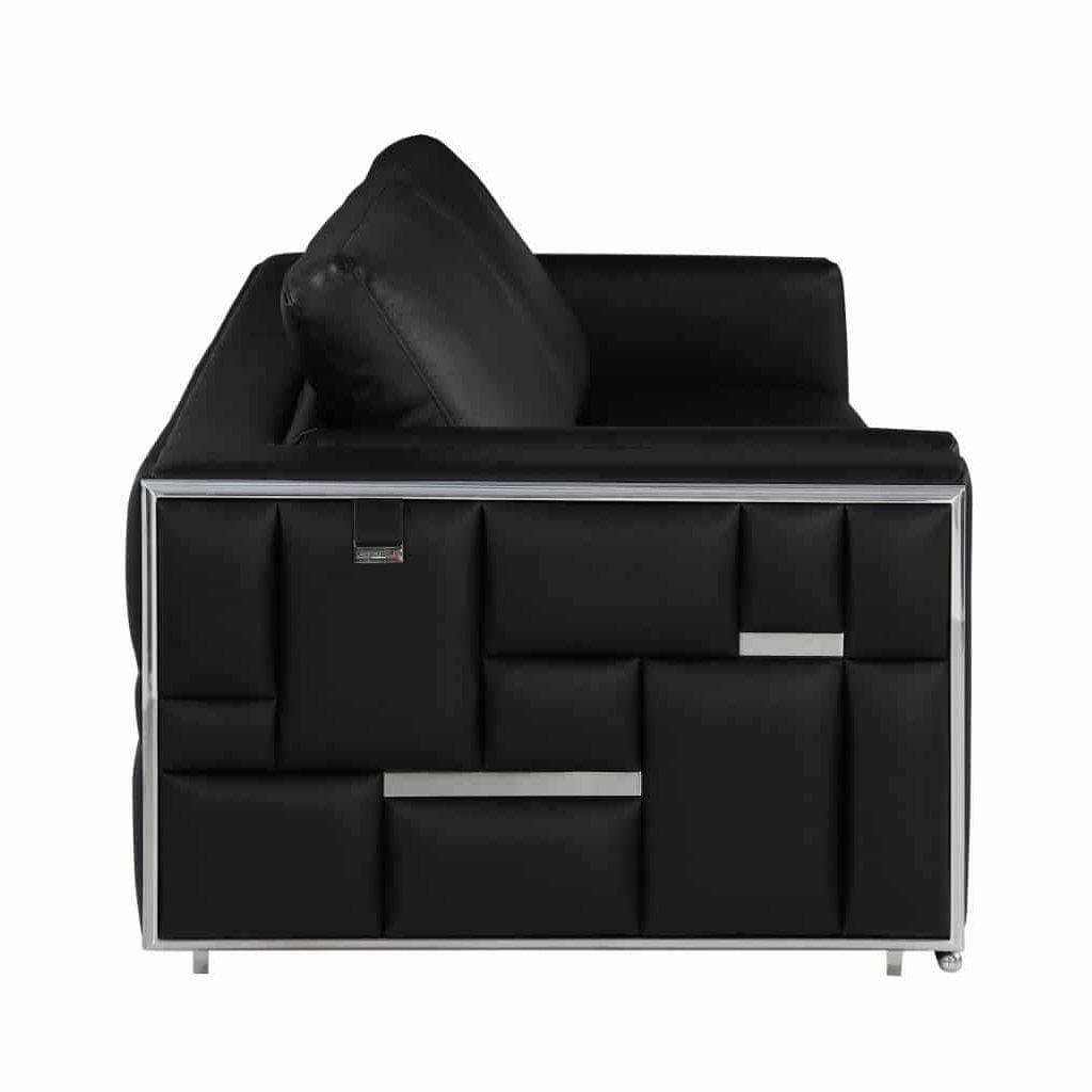 Divanitaly Campania Top Grain Black Leather & Silver Sofa Set